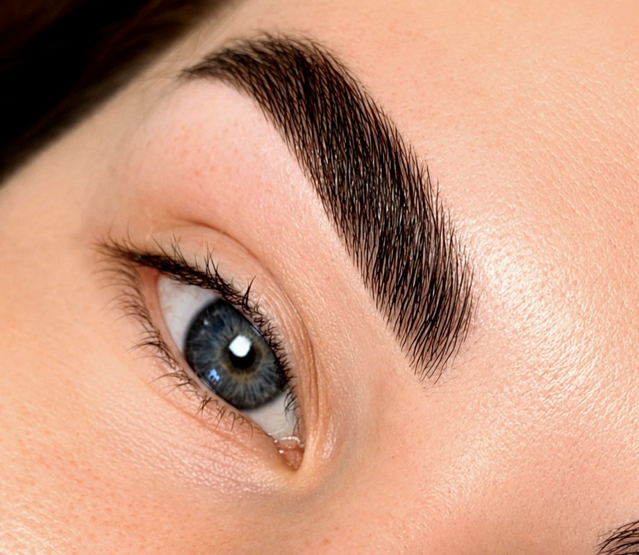 Laminated and tinted brow with lifted lashes, finished at the studio